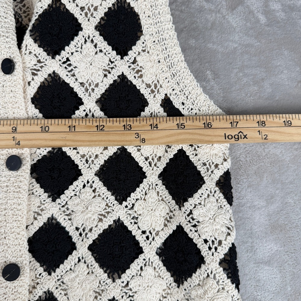 Sezane RON Black Cream Diamond Crochet Cotton Button Front Vest S S241TOP086M - Picture 6 of 7